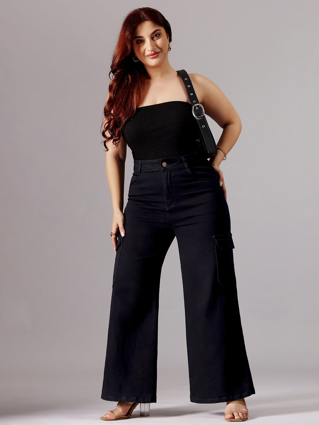 24/7 Comfort Black Wide-Leg High-Rise Clean-Look Patch Pocketed Regular Stretchable Denim Jeans