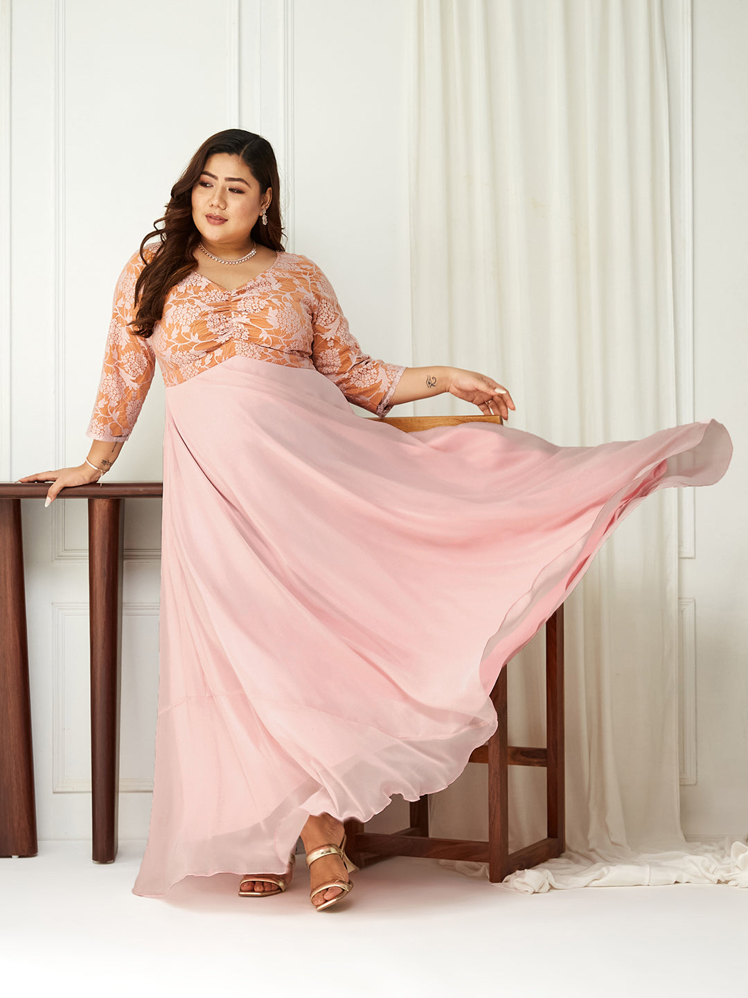 Light Pink Long Sleeves Lace Empire Maxi Dress Long Dress Gown Frock for Women | Birthday Dresses