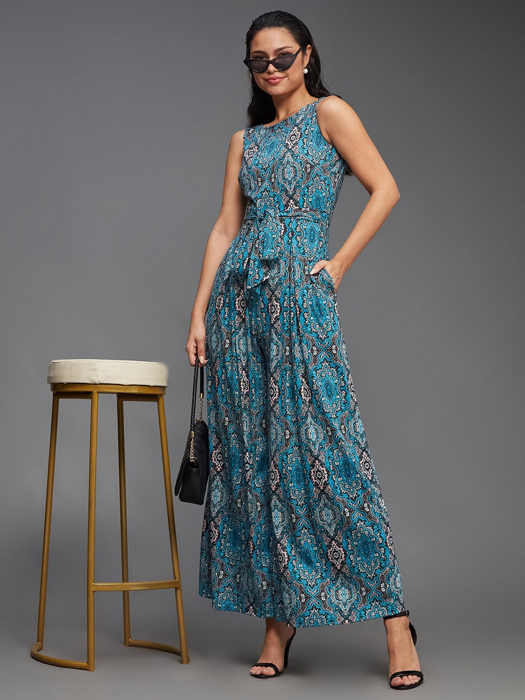 Women's Multicolored-Base-Black Boat Neck Sleeveless Bohemian-Patterned Pleated Pure Cotton Regular-Length Jumpsuit