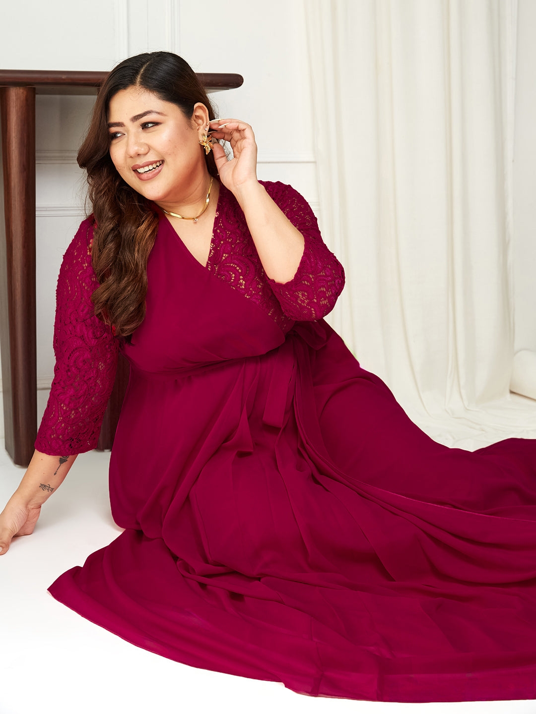 Dark Pink Long Sleeves Lace Wrap Maxi Dress for Women