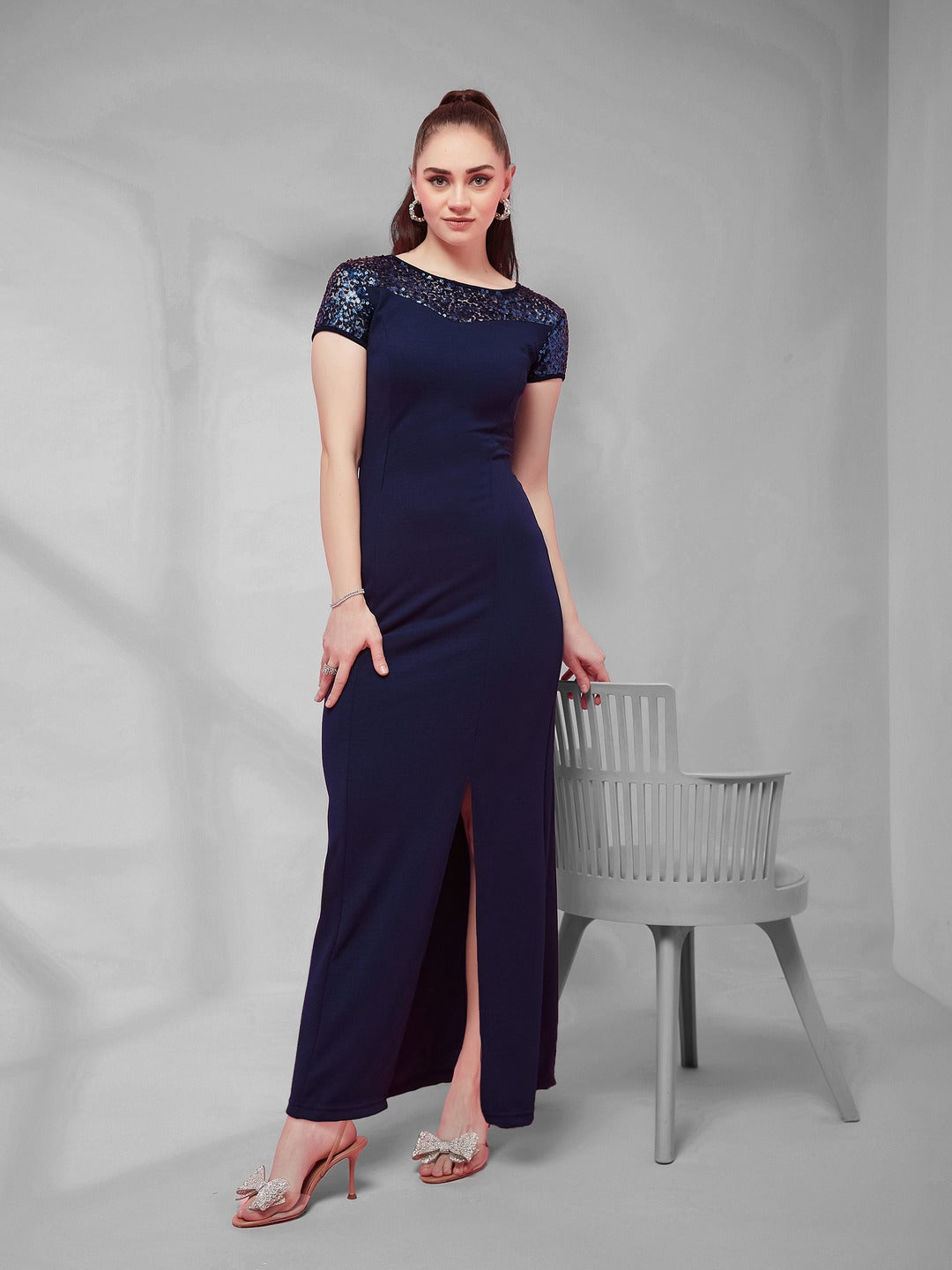 Navy Blue Round Neck Cap Sleeves Sequin Paneled Solid Bodycon Maxi Dress for Women