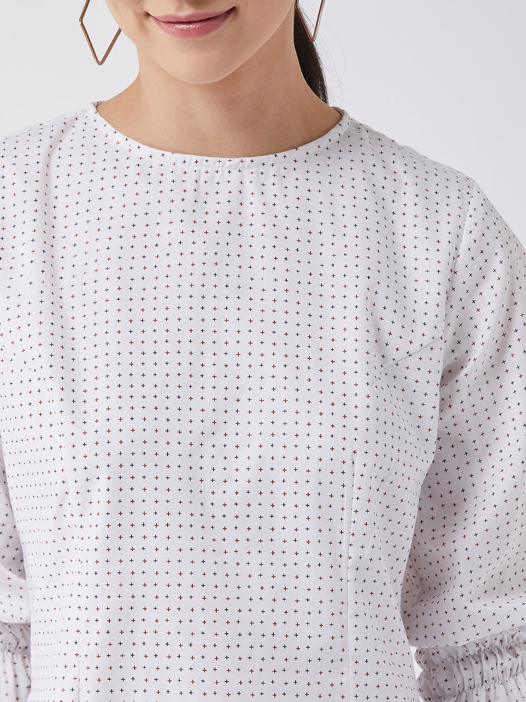 Women's Multicolored with Base White Round Neck Full Sleeve Cotton Geometric Print Smocked Detailing Knee-Long Dress