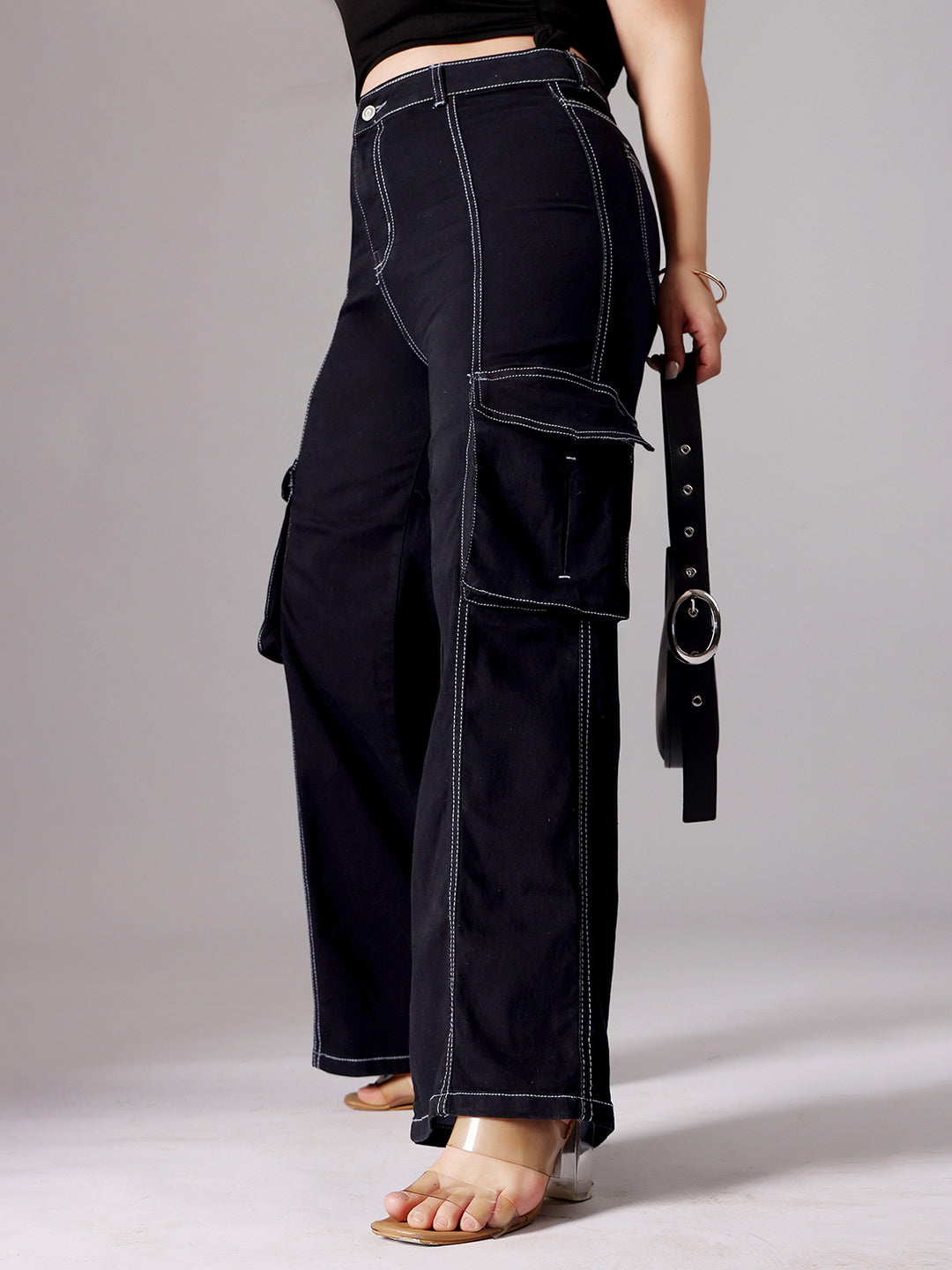 24/7 Comfort Black Wide-Leg High-Rise Clean-Look Regular-Length Stretchable Patch-Pocketed Denim Jeans