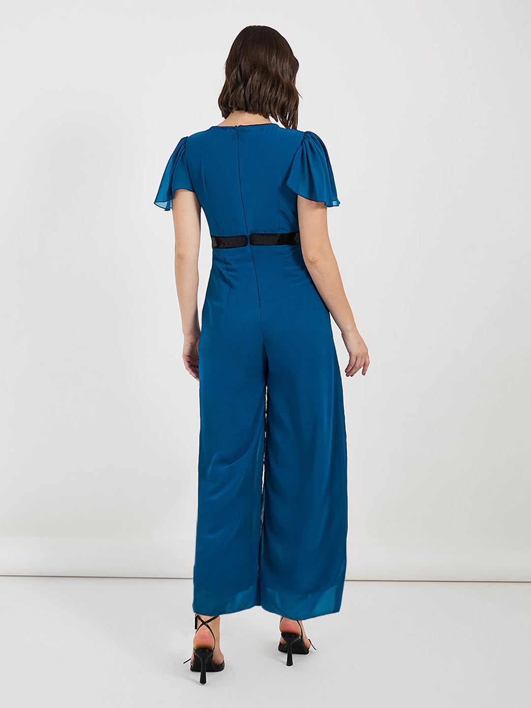 Women's Royal Blue Solid Relaxed Fit Short Sleeve V-Neck Ankle-Length Straight Jumpsuit