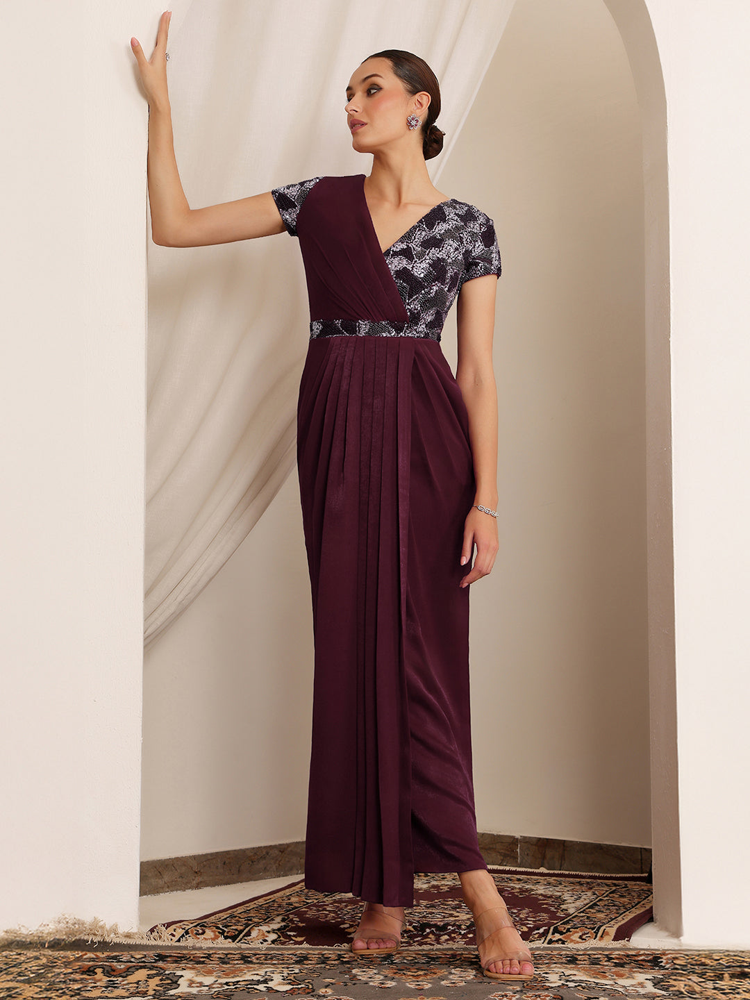 Women's Wine V-Neck Short Sleeve Embellished Pleated Satin Maxi Dress