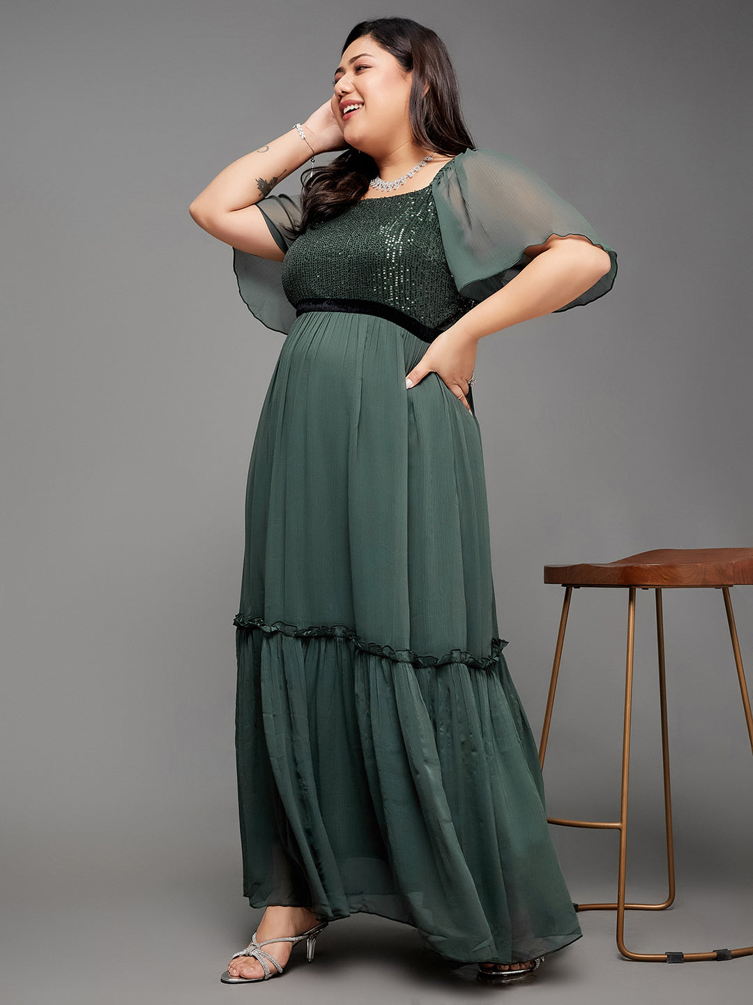 Body Bliss Dark Green Embellished Chiffon Tiered Longline Dress