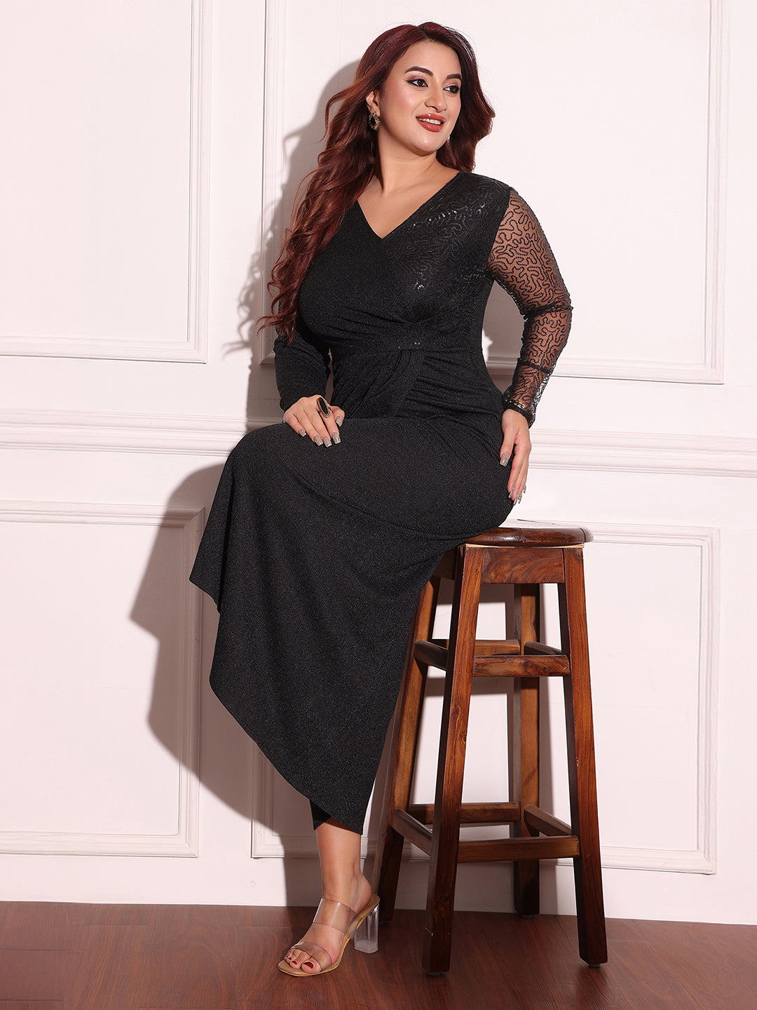 Women's Black V-Neck Full-Sleeves Embellished Pleated Longline Dress