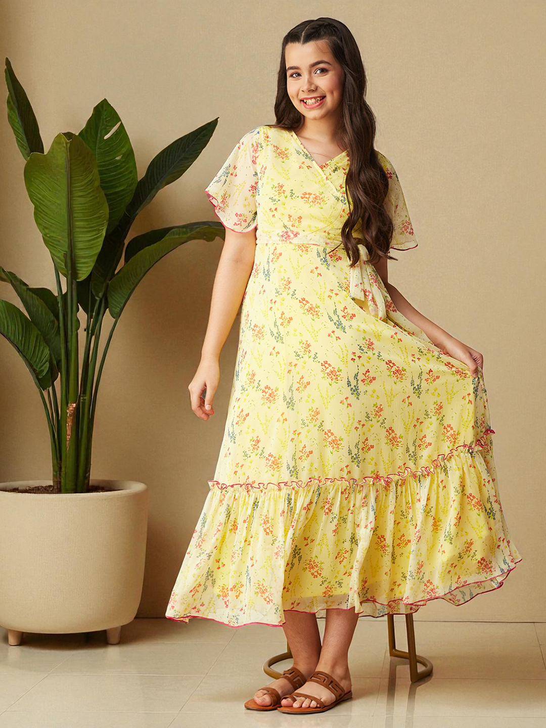 Multicolored-Base-Yellow V Neck Flared Sleeve Floral Wrap Maxi Dress for Girls/Teenagers for Women — Mizuki