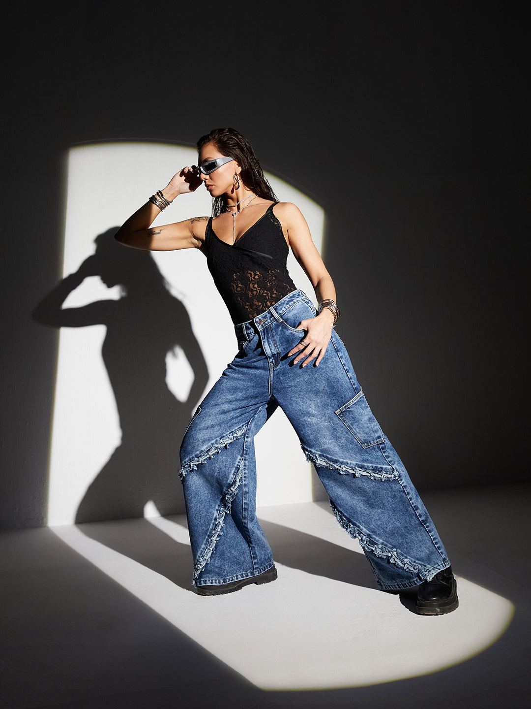 Women's Navy-Blue Wide-Leg High-Rise Highly-Distressed Regular-Length Denim Jeans