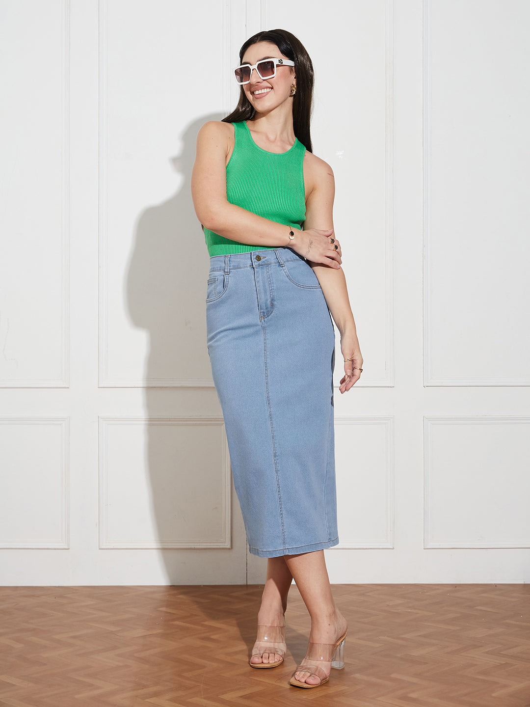 Women's Light Blue Straight High Rise Clean Look Midi Stretchable Denim Skirt