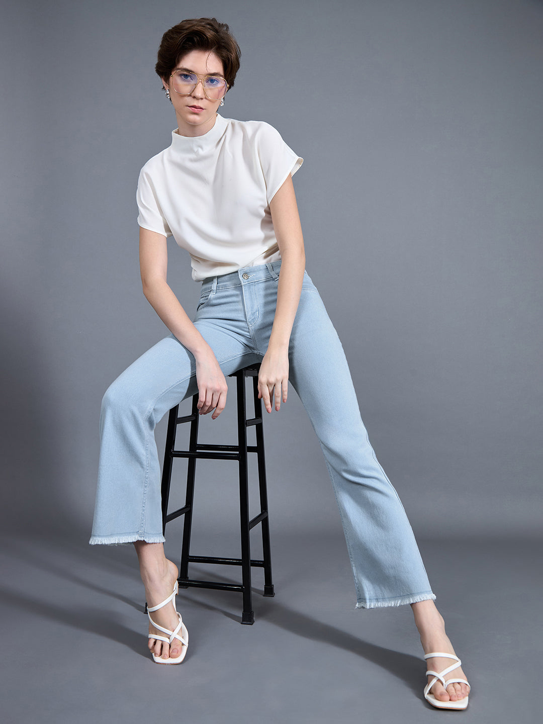 24/7 Comfort Workwear Women's Light Blue Bootcut High-Rise Clean Look Cropped Stretchable Denim Jeans