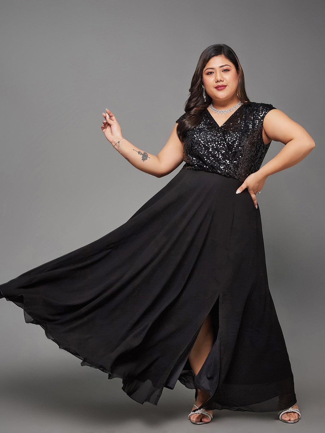 Black Sleeveless Fit and Flare Sequinned Maxi Dress Long Dress Gown for Women | Life of the Party Collection