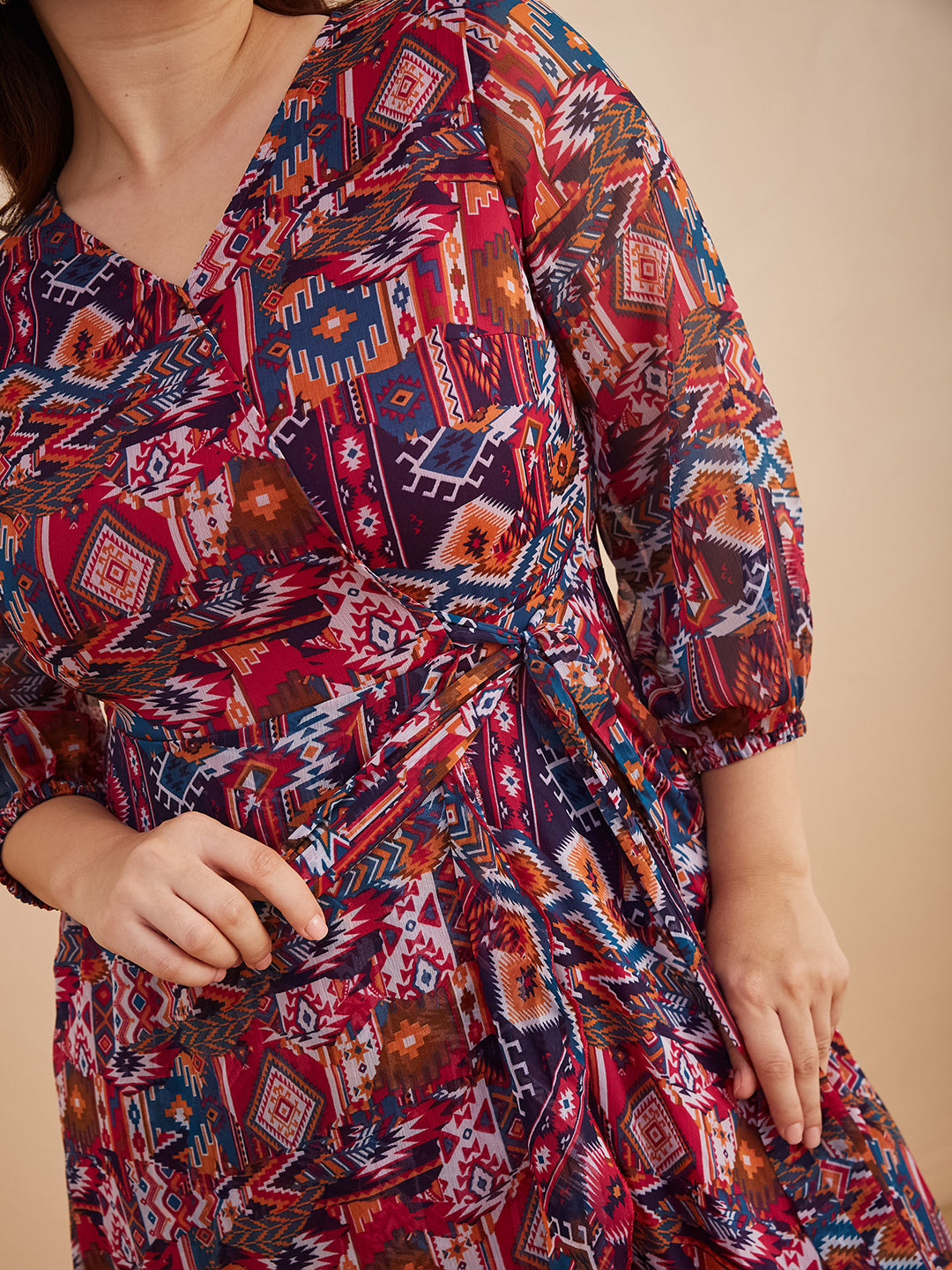 Multicolored V-Neck Three-Quarter Sleeve Geometric Patterned Wrap Midi Chiffon Dress for Women