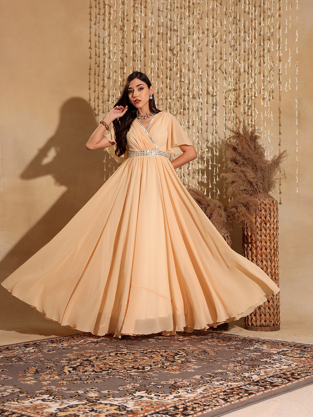 Women's Peach V-Neck Flared/ Bell Sleeves Georgette Solid Fit & Flare Maxi Dress