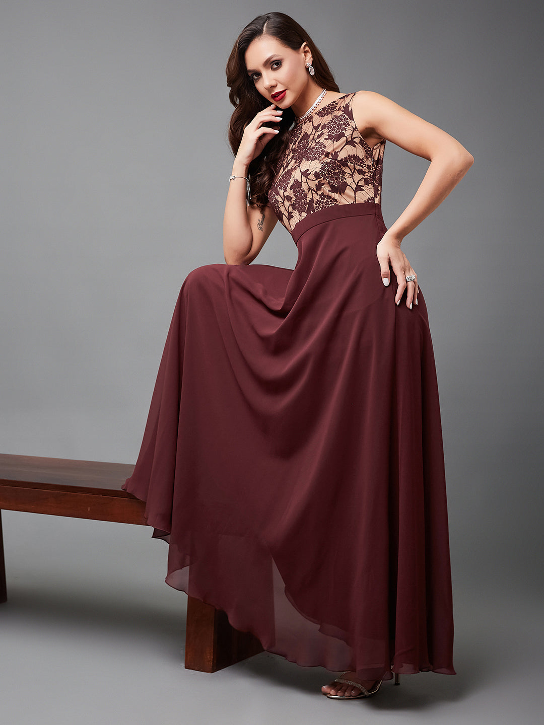 Women's Beige & Wine Round Neck Sleeveless Georgette Floral Lace Fit & Flare Maxi Dress