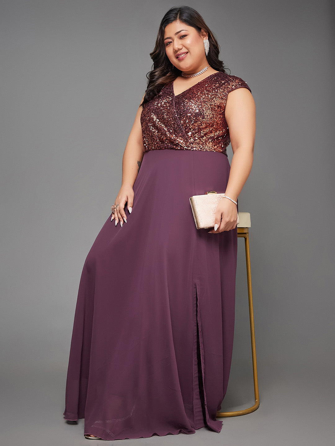 Body Bliss Mauve & Wine Embellished Wrap Maxi Dress