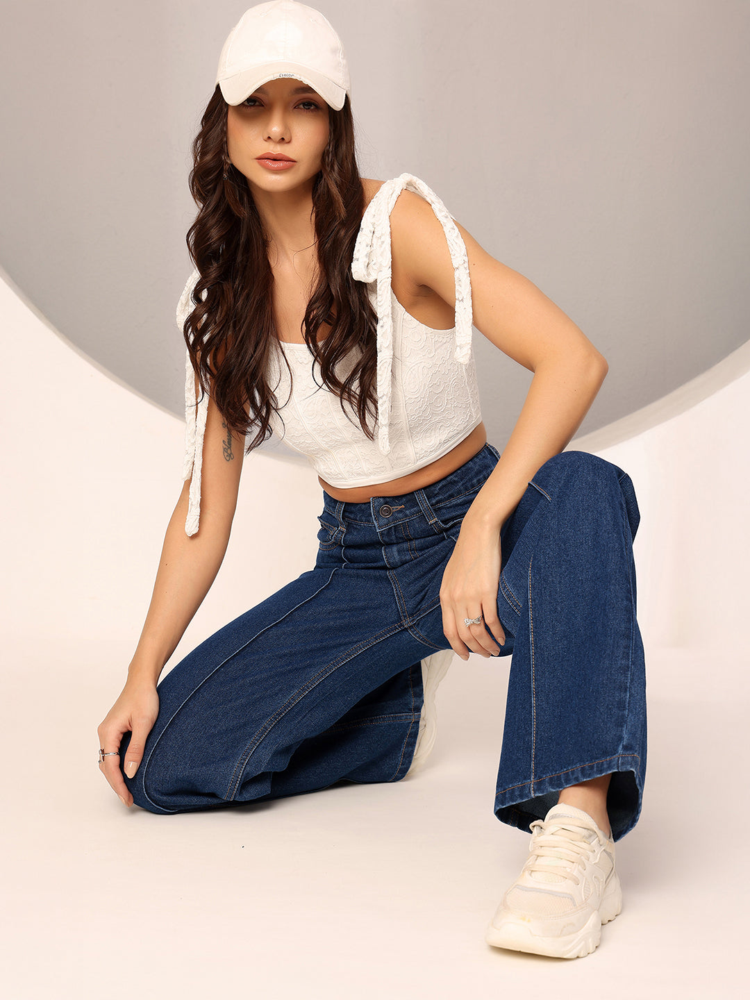 Women's Navy Blue Wide-Leg High-Rise Clean-Look Regular-Length Non-stretchable Denim Jeans