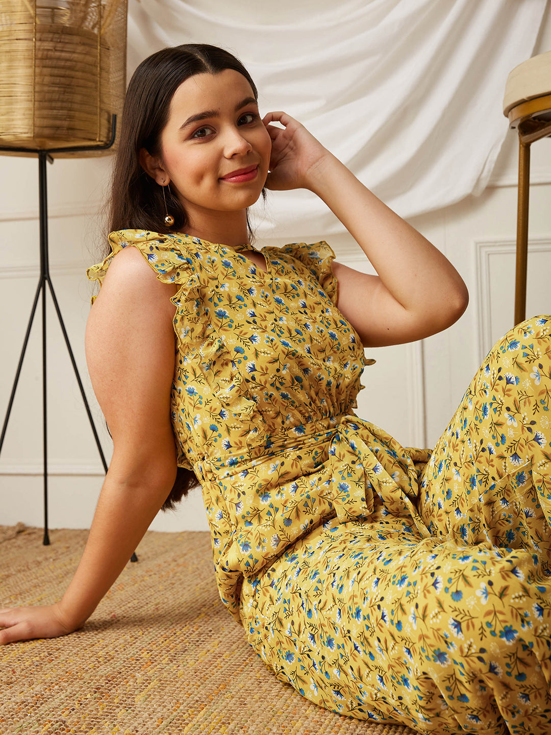 Multicolored-Base-Yellow Round neck Sleeveless Floral Wide Leg Regular Jumpsuit