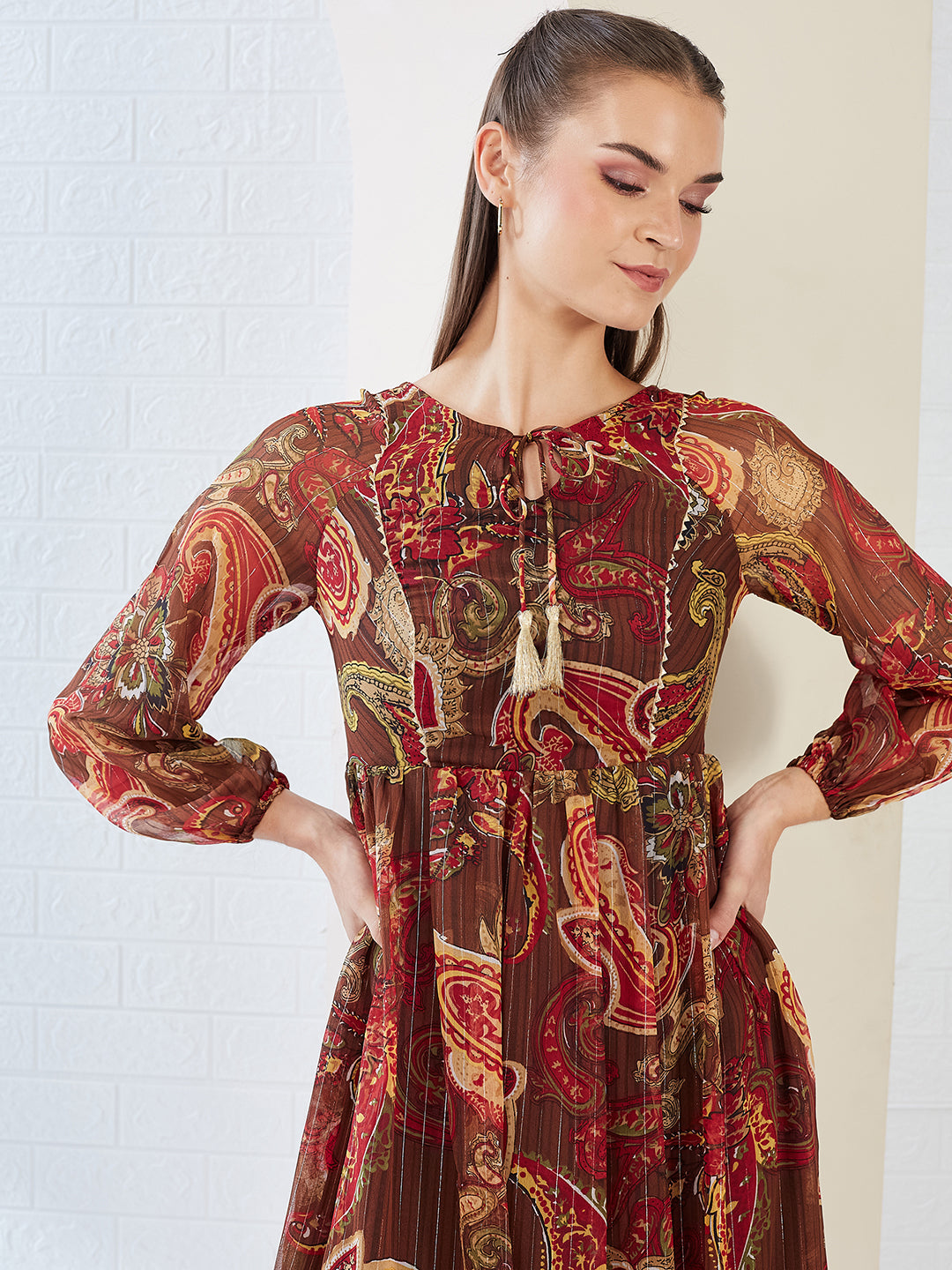 Brown Relaxed Fit Maxi Lurex Chiffon Dress for Women