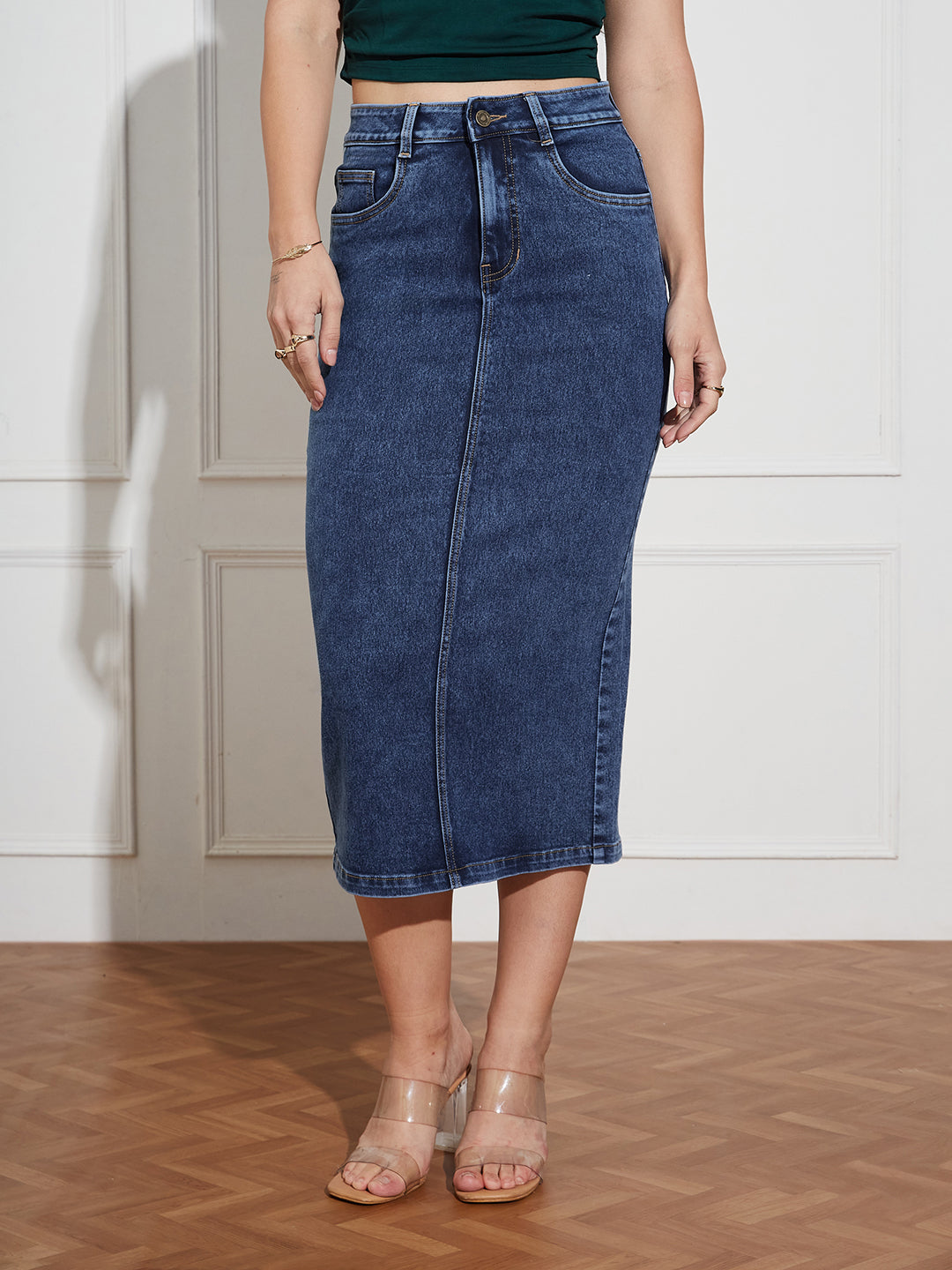 CHASEshape™ Dark Blue High-Rise Stretchable Denim Midi Skirt with Back Slit for Women