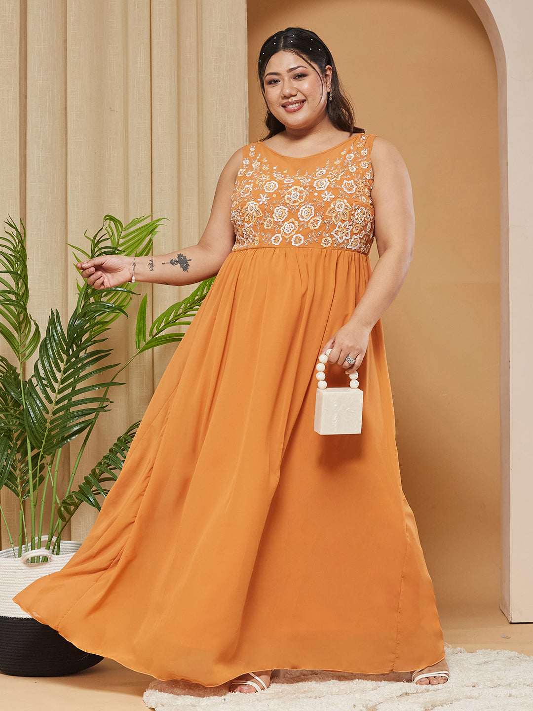 Dusty Orange Boat-Neck-Sleevesless Embroidered Georgette Gathered Maxi Dress for Women