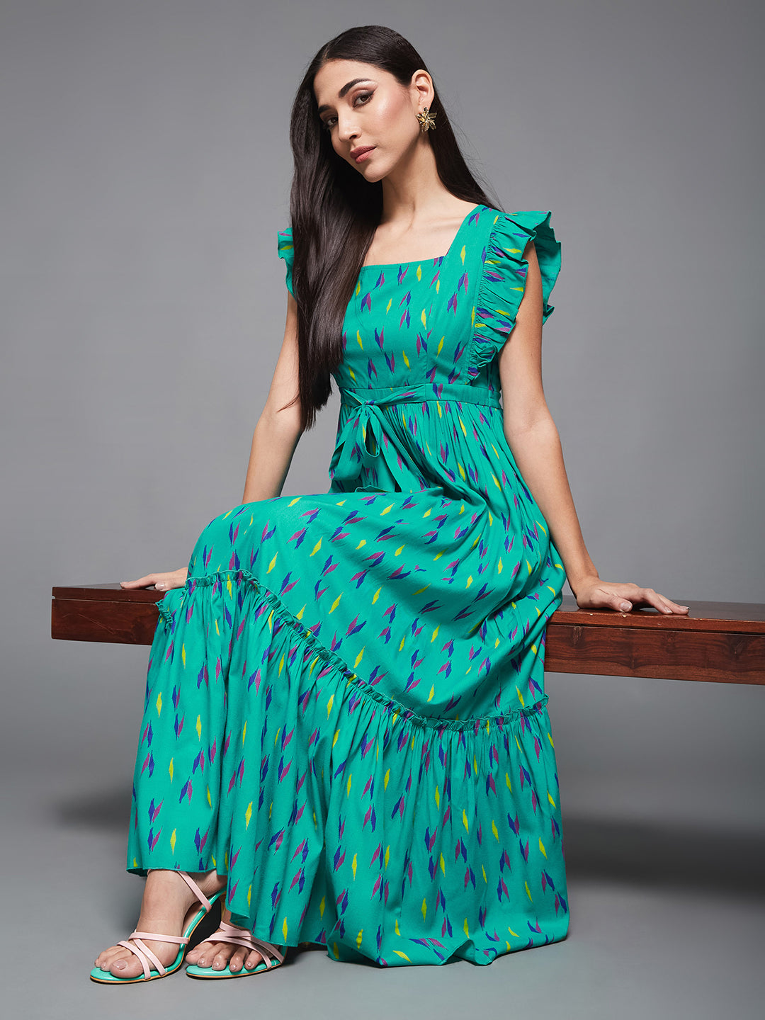 Turquoise Green Viscose Rayon Geometric Maxi Tiered Dress