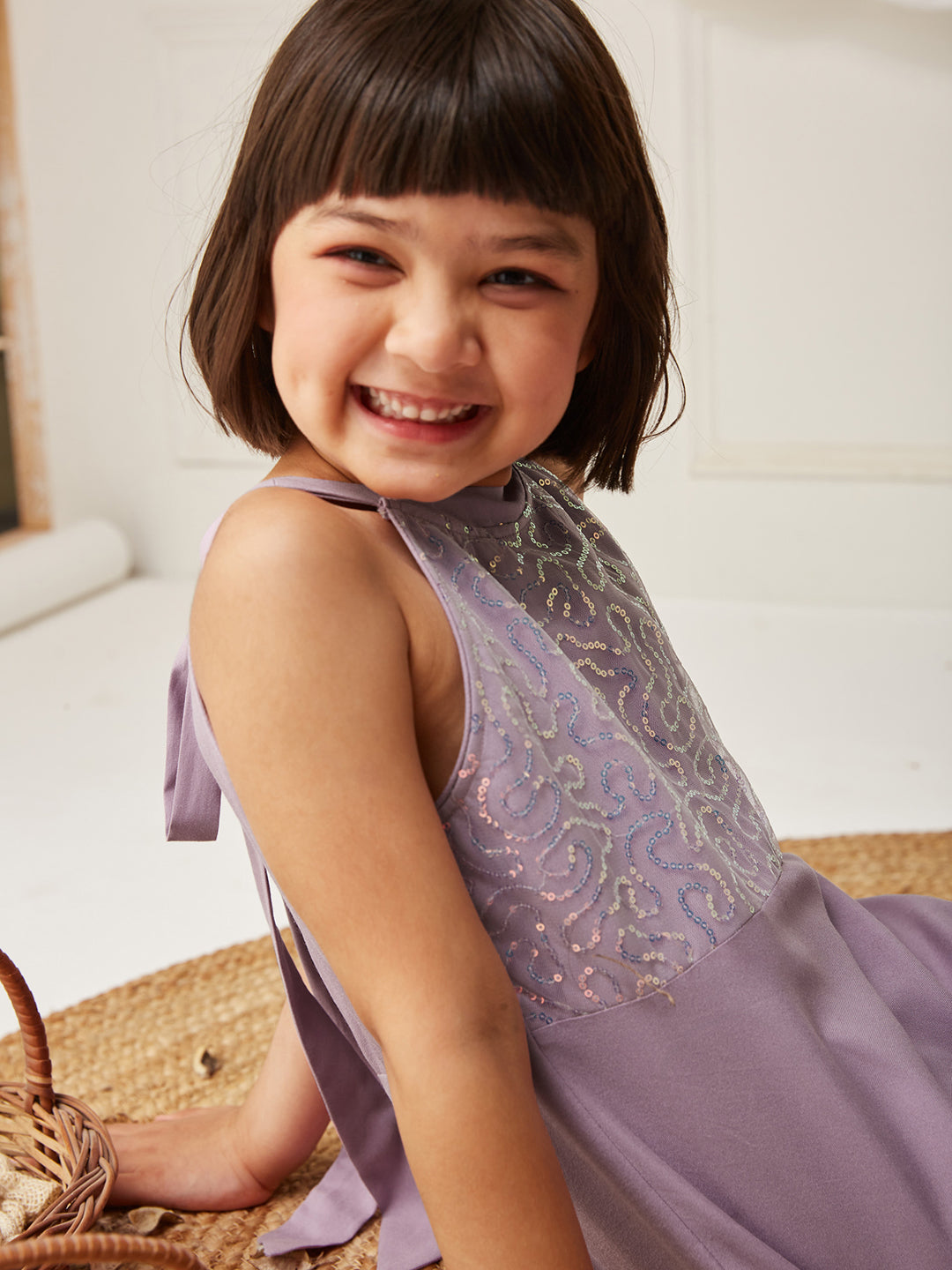 Lavender Halter-Neck Sleeveless Embellished Fit & Flare Viscose-Rayon Maxi Dress