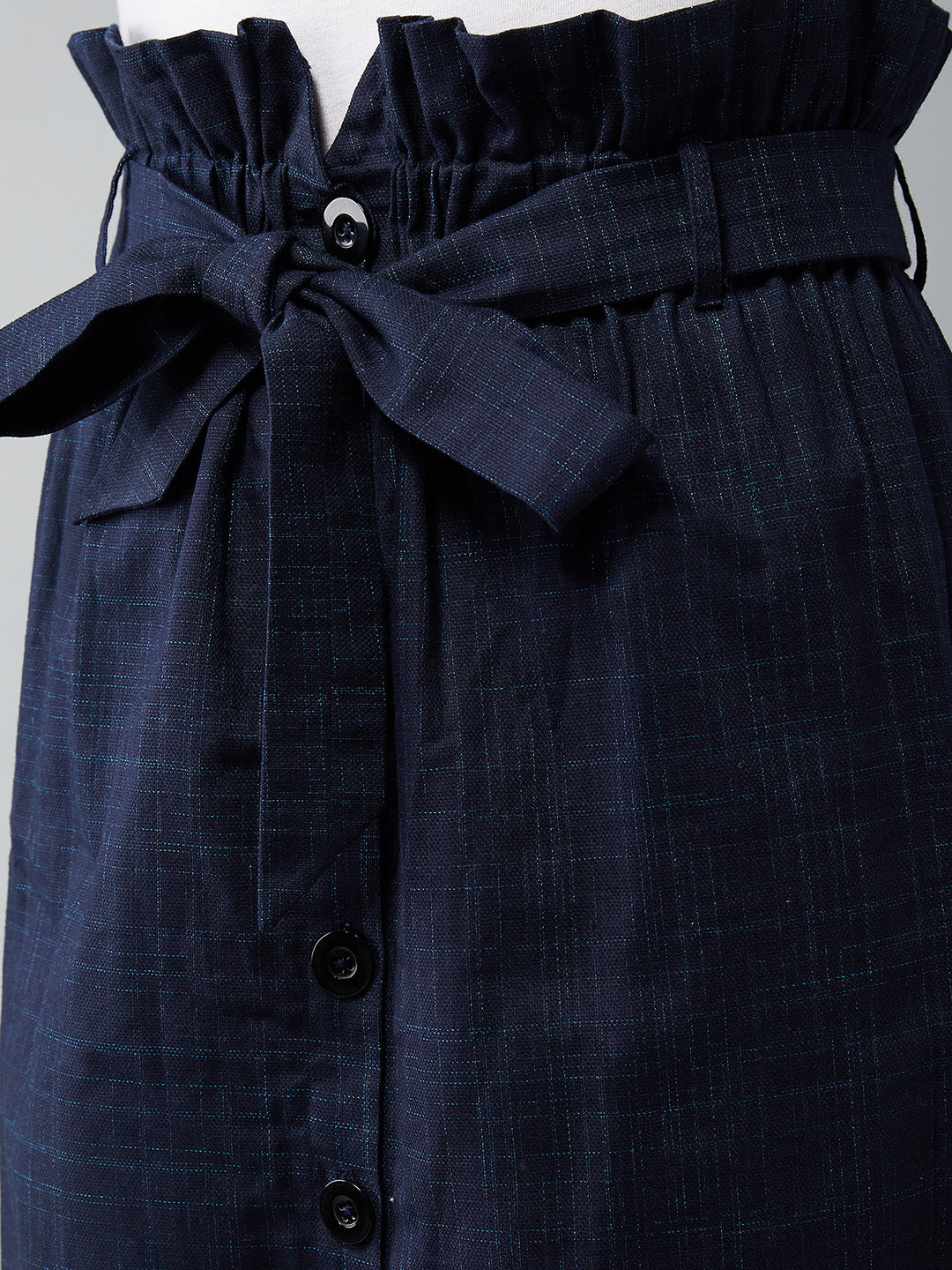 Women's Navy Blue Solid Paper Bag Mini Skirt