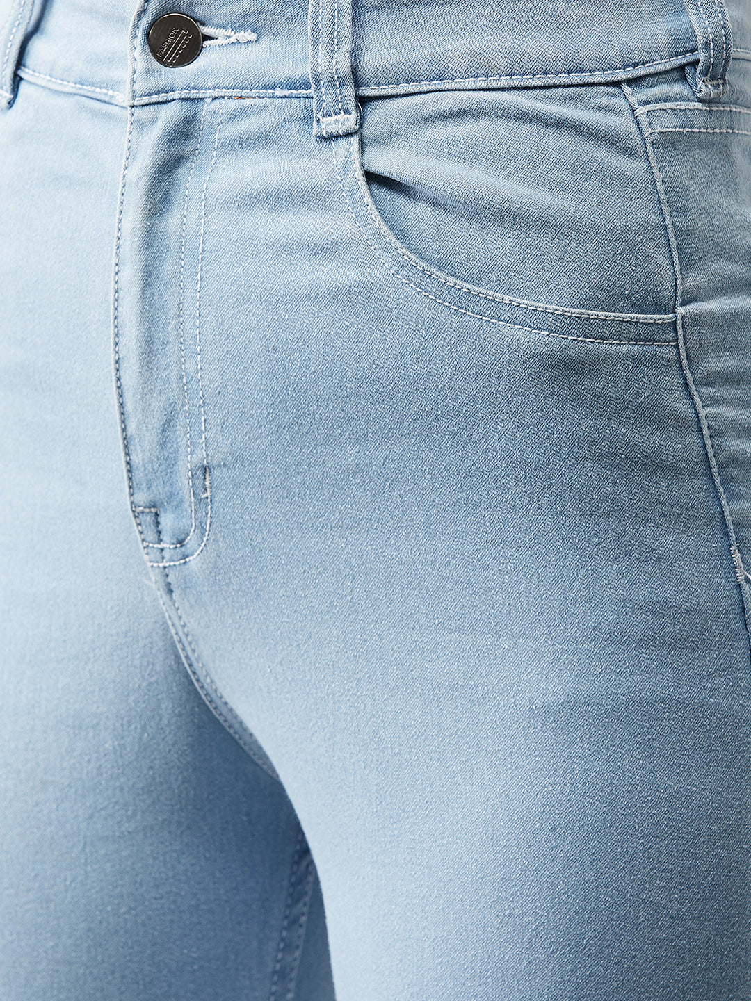 24/7 Comfort Light Blue Skinny Fringed Hemline Detailing High-Rise Cropped Solid Stretchable Denim Jeans