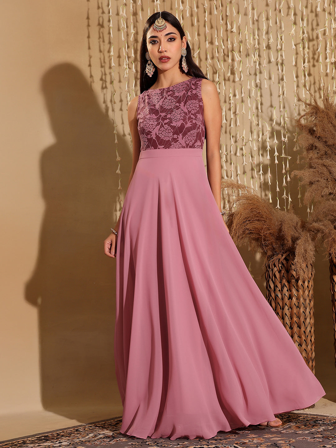 Women's Lavender Round neck Sleeveless Solid Lace Overlaid Maxi Dress