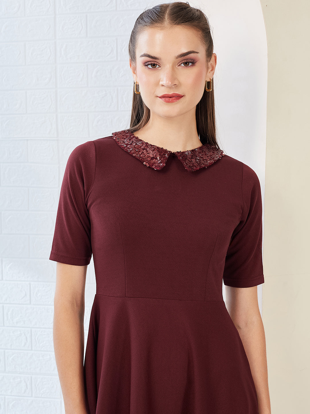 Wine Red Collared Round Neck Half Sleeve Solid Knee-Long Skater Dress for Women