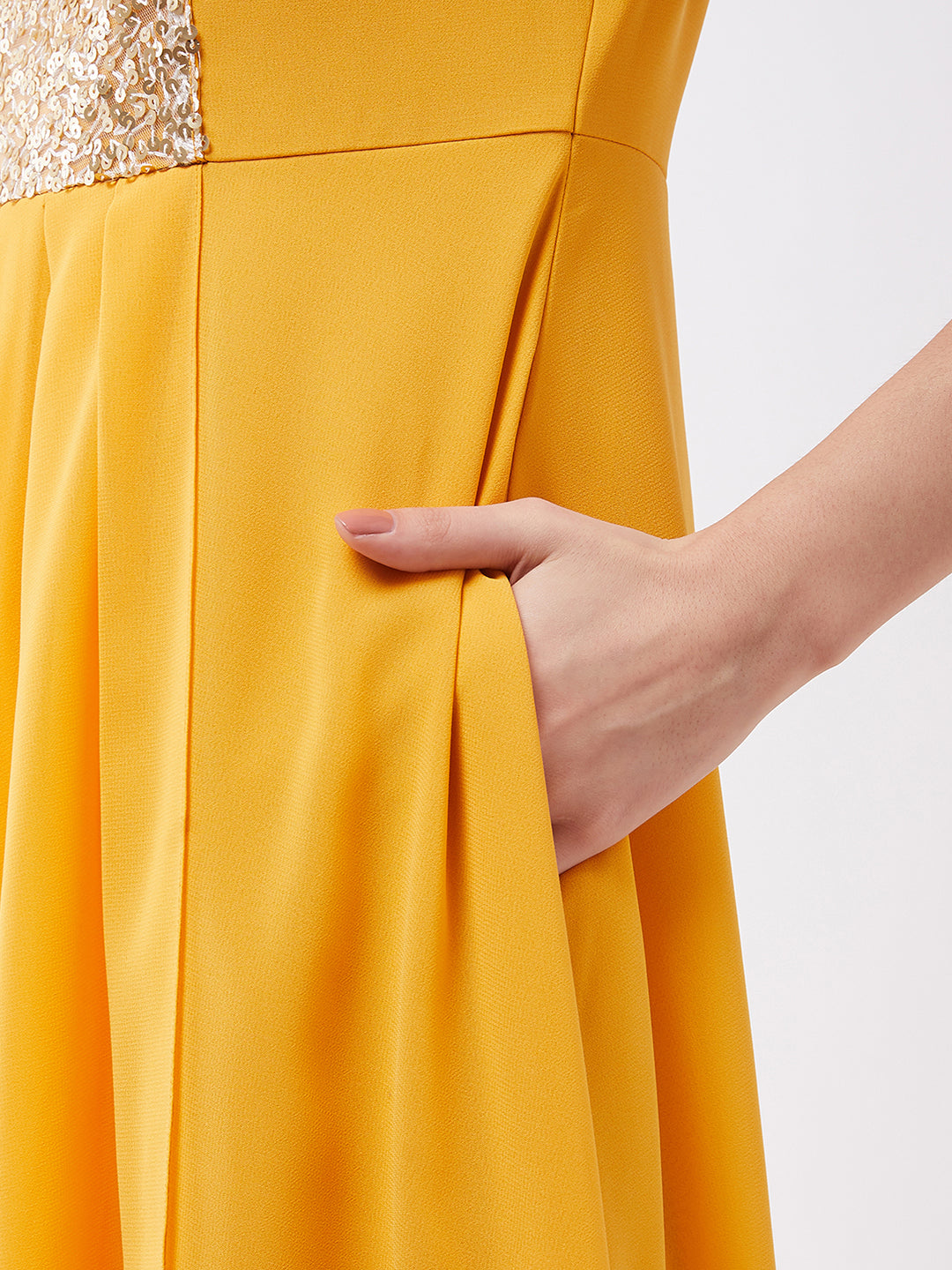 Women's Mustard Round neck Cap Sleeve Solid Embellished Maxi Dress