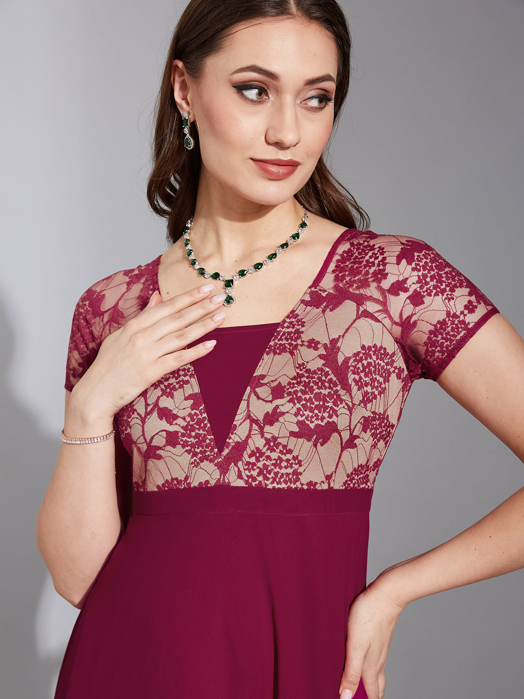 Women's Dark Pink Square Neck Raglan Short Sleeve Self Design Lace Overlaid Georgette Maxi Dress