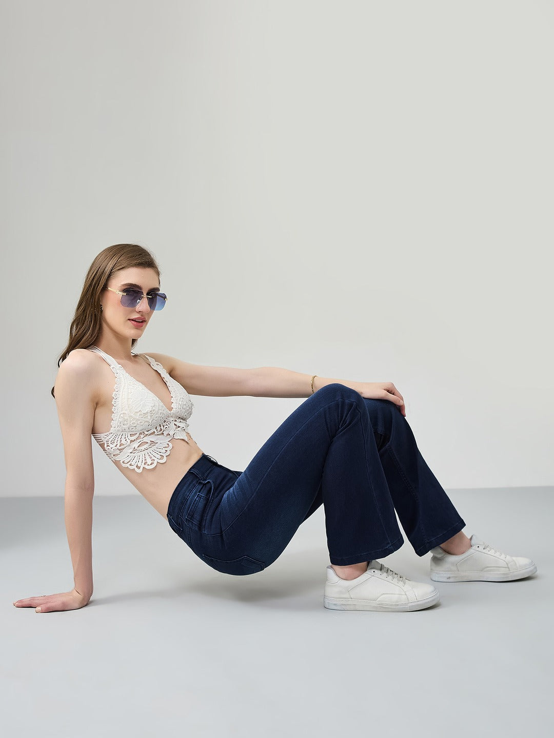 Navy blue Wide leg Mid rise Regular Stretchable Denim Jeans for Women