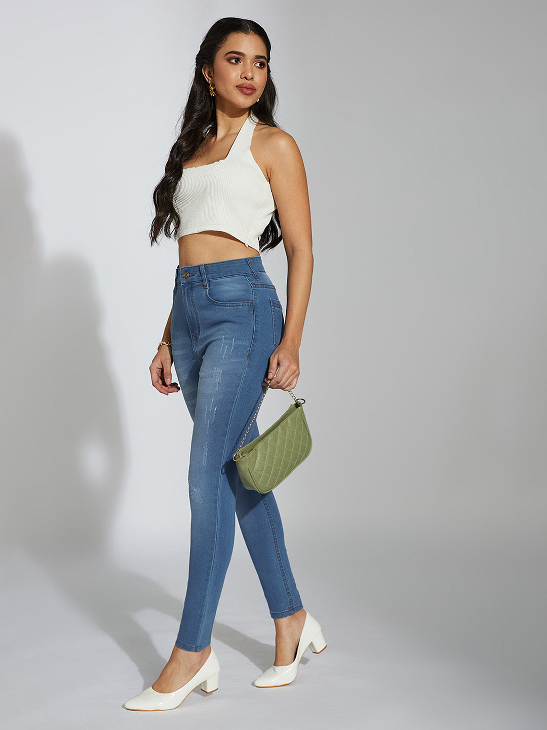 24/7 Comfort Blue Skinny High-Rise Mild Distress Stretchable Denim Jeans