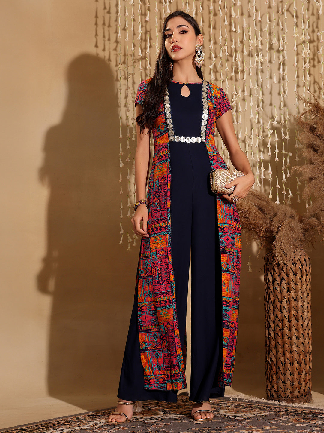 Women's Multicolored Keyhole-Neck Regular-Sleeve Bohemian Paneled Viscose-Rayon Regular-Length Jumpsuit