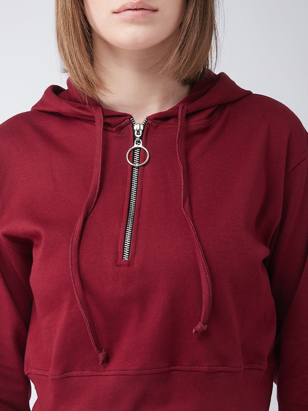 Maroon Solid Round Neck Full Sleeve Hooded Boxy Crop Zippered Sweatshirt for Women — Miss Chase