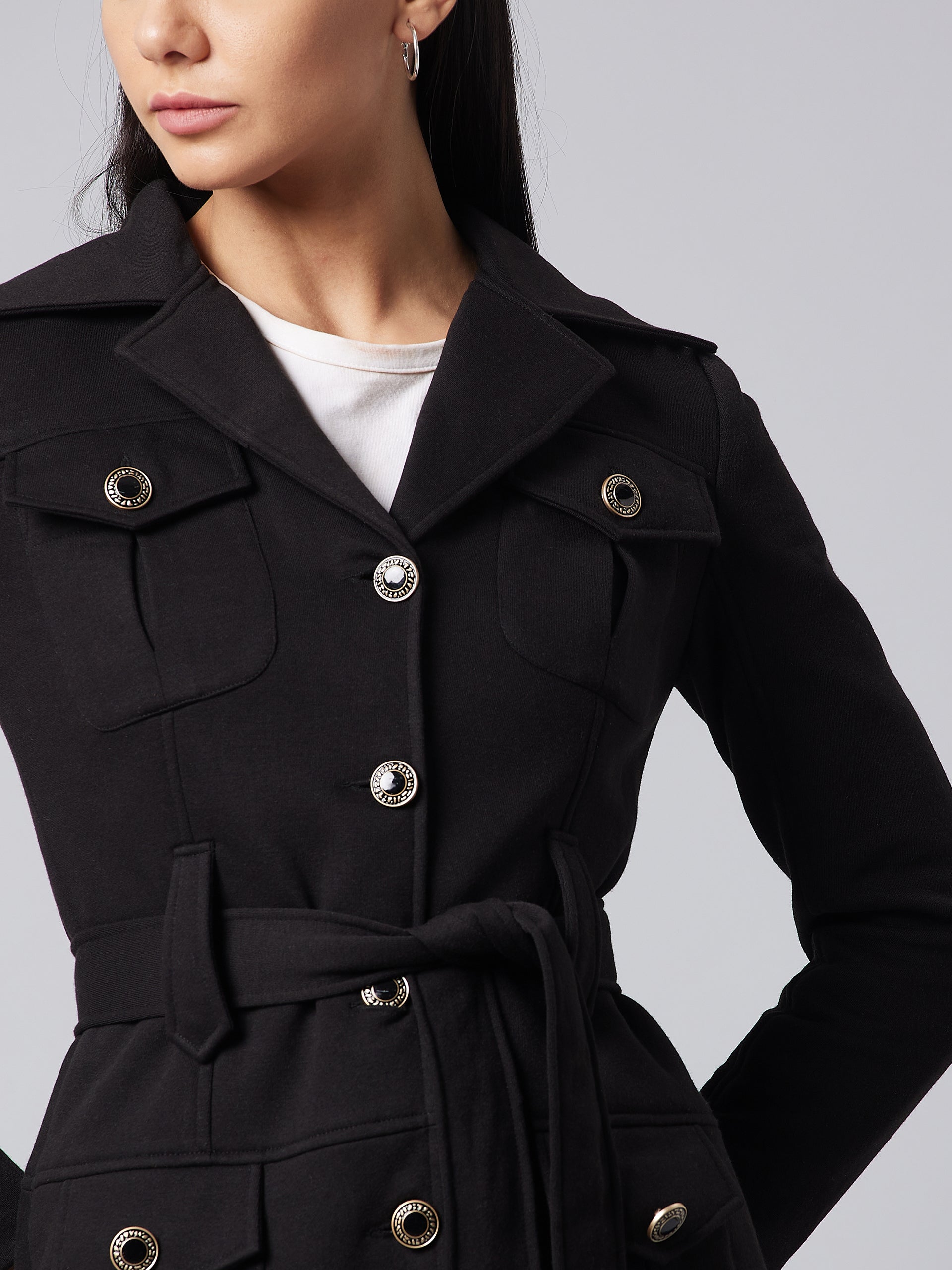Women's Black Notch Collar Full Sleeve Solid Safari Longline Jacket