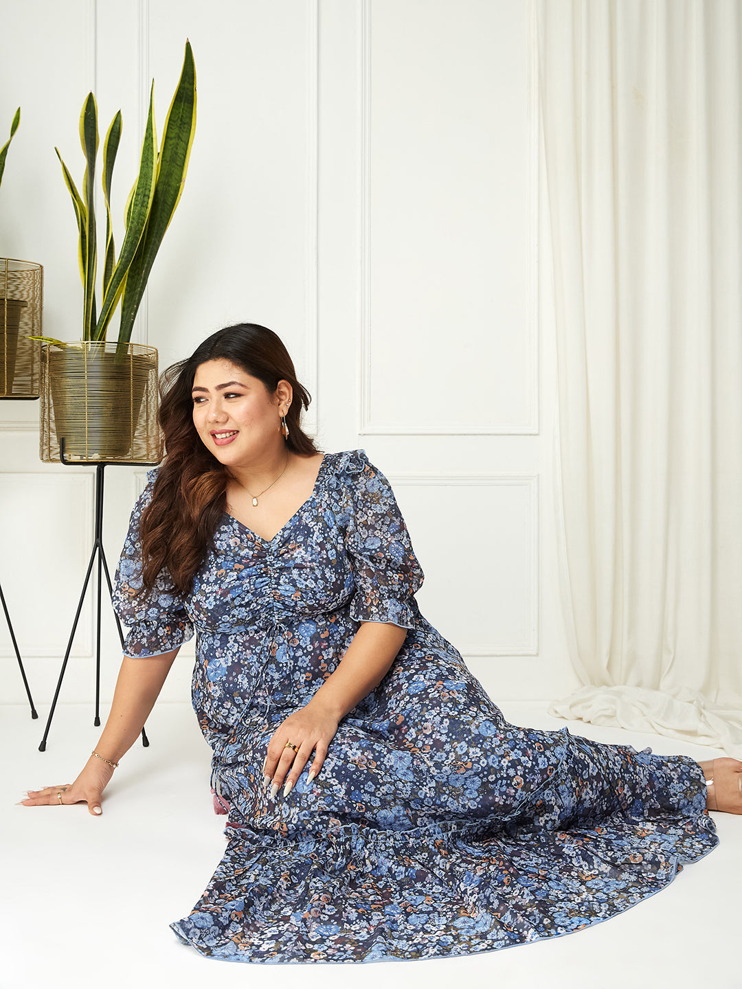 Navy Blue Multicoloured Floral Printed Puff Sleeves Sweetheart Neck Fit and Flare Maxi Dress for Women