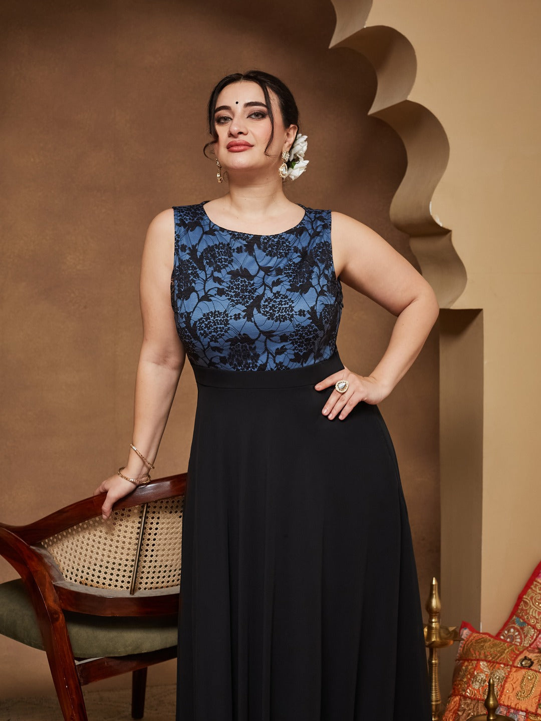 Blue & Black Round Neck Sleeveless Georgette Floral Lace Fit & Flare Maxi Dress for Women — Miss Chase A+