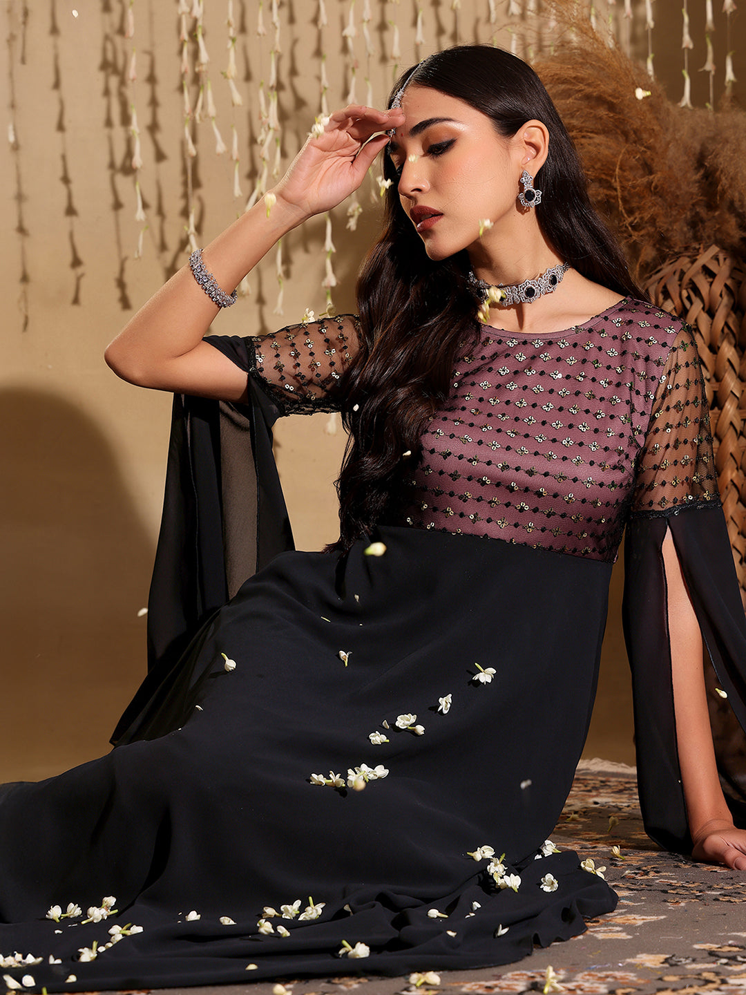 Women's Black & Lavender Relaxed Fit Maxi Georgette & Sequins Dress
