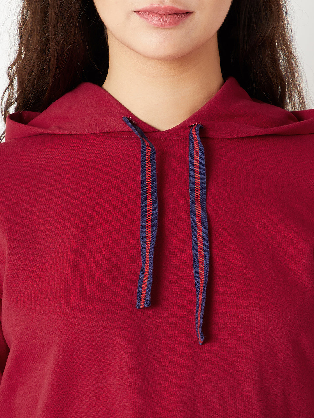 Women's Maroon Solid Round Neck Full Sleeve Hooded Boxy Multicolored Twill Tape Detailing Crop Sweatshirt