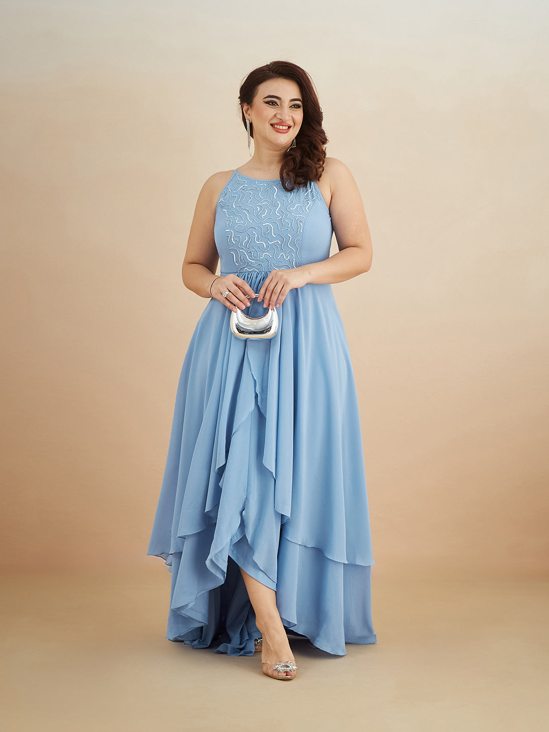 Powder Blue Halter-Neck Sleeveless Embroidered Layered Georgette Maxi Dress for Women