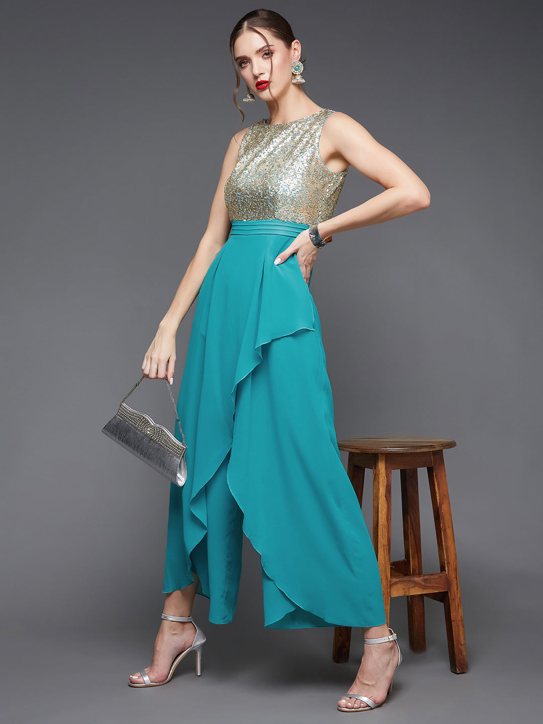 Women's Turquoise Round neck Sleeveless Gold Sequined Layered Party Jumpsuit