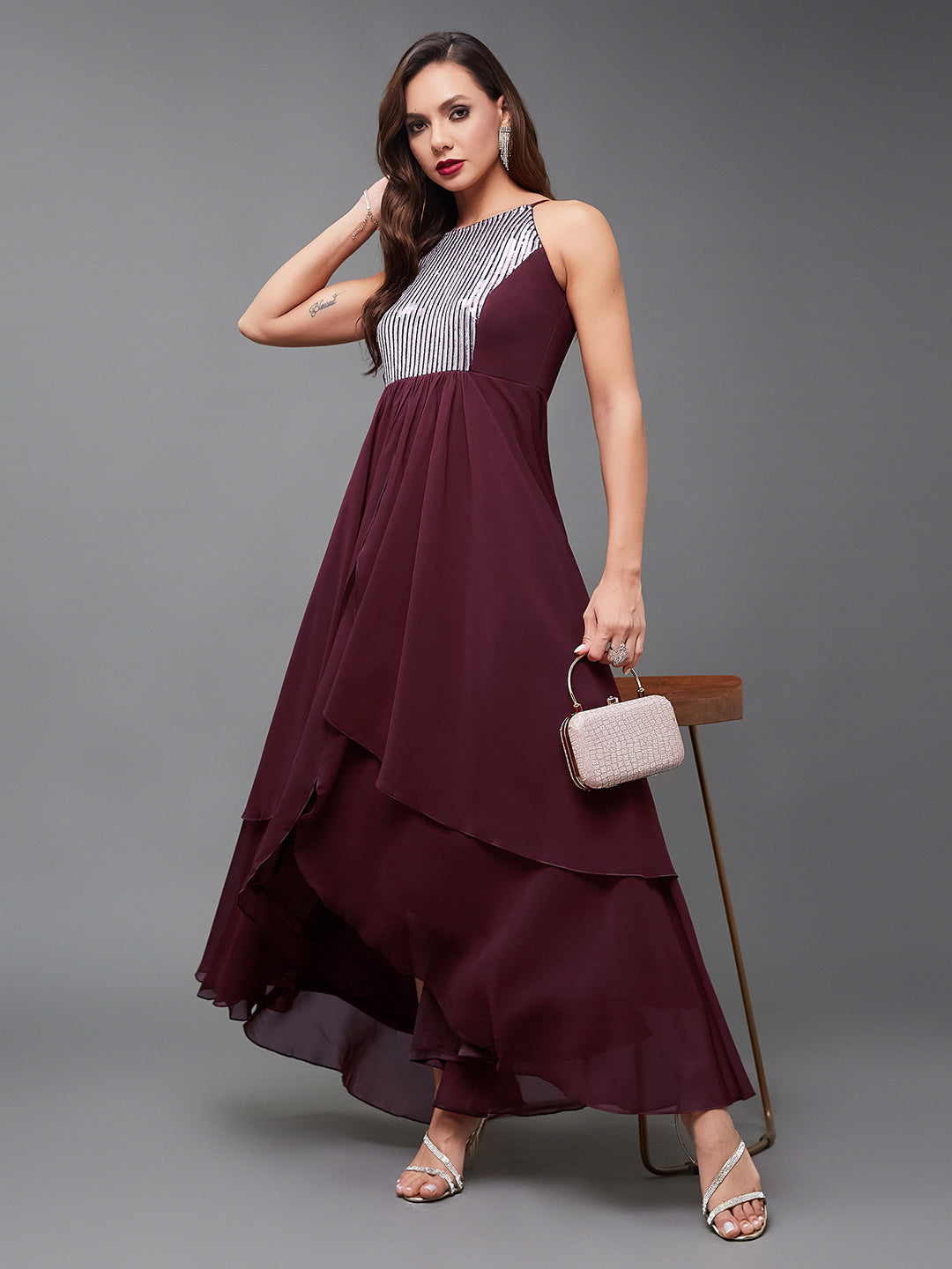 Women's Multicolored-Base-Wine Halter Neck Sleeveless Embellished Layered Georgette Maxi Dress