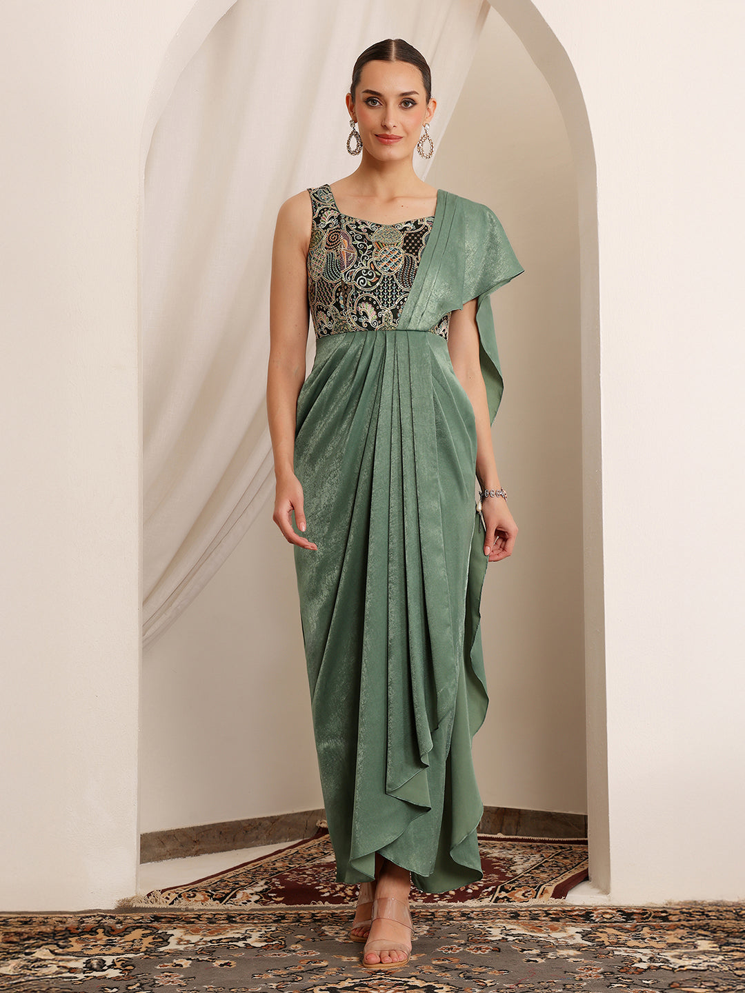 Tota Mirage Sage Green Embroidered Satin Maxi Dress