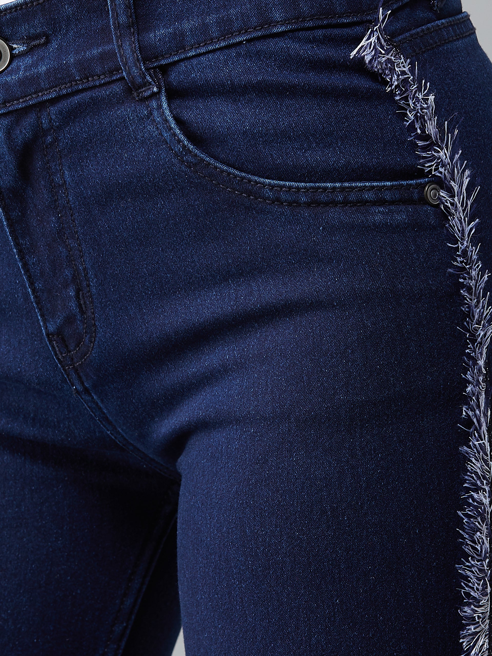 Women's Navy-Blue Skinny-Fit Mid-Rise Fringe And Lace Detailing Stretchable Denim Jeans