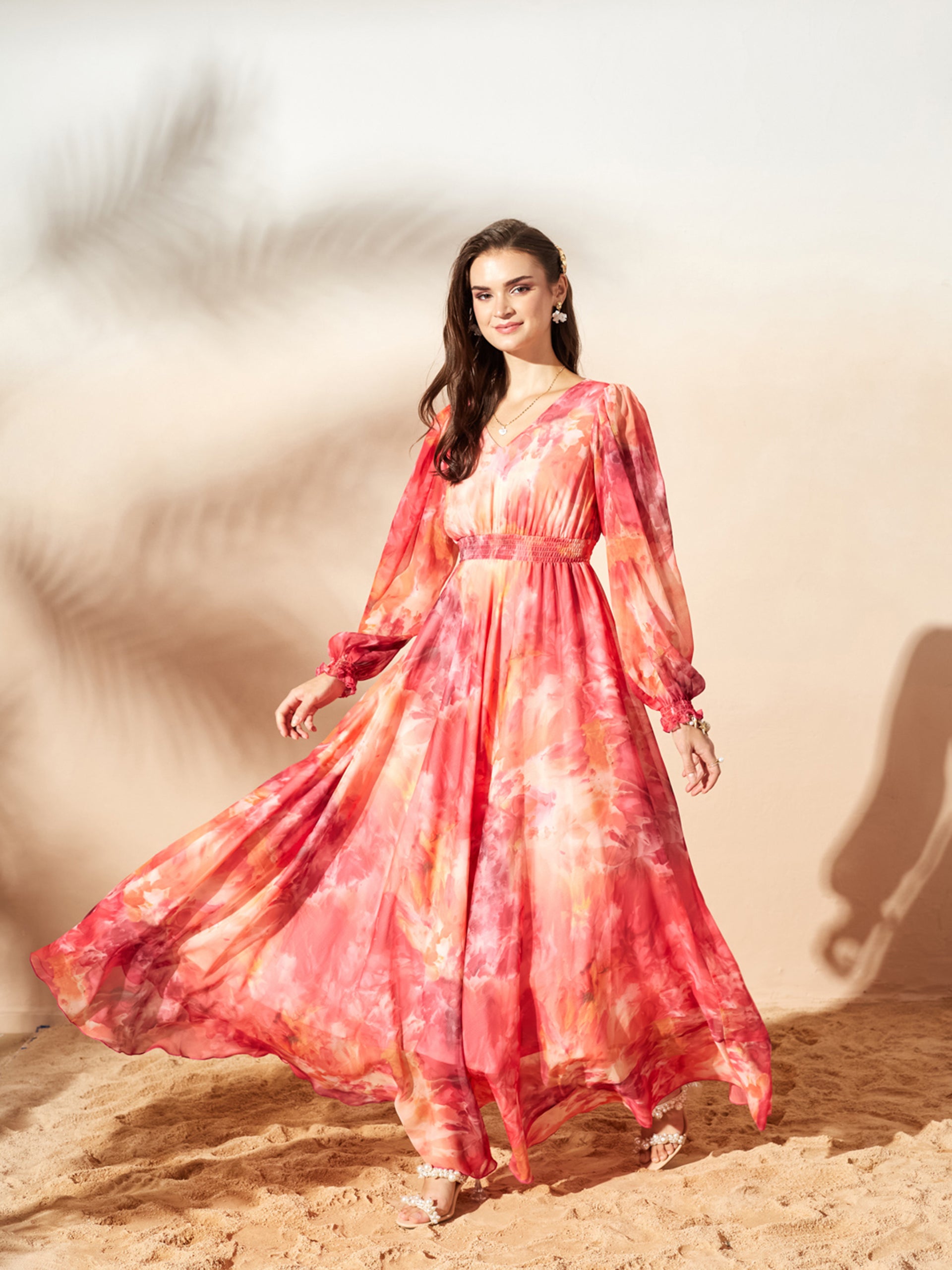 Orange Full Sleeves Floral Printed Fit and Flare Dress for Women