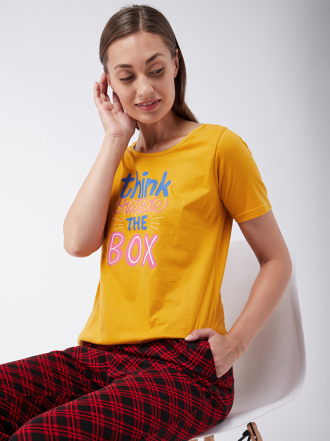 Women's Mustard Cotton Solid Regular Length Round Neck Short Sleeves Loungewear T-shirt