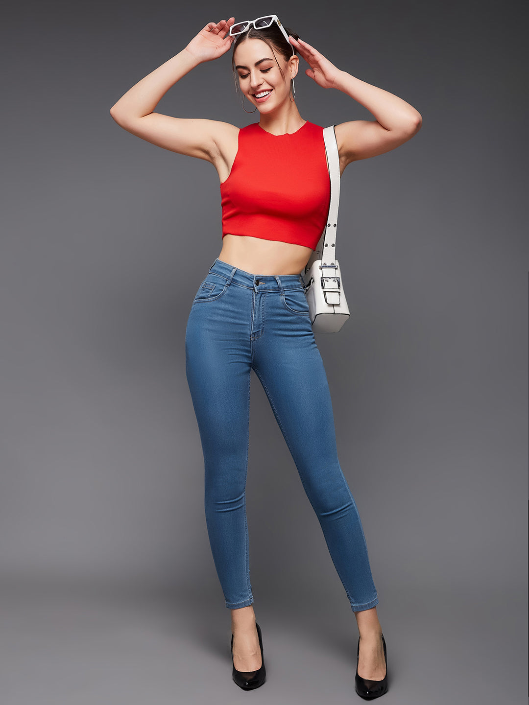 Women's Blue Solid Skinny High-Rise Cropped Solid Stretchable Denim Jeans